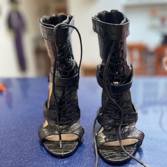 SIMMI black lace up  Cutout Chunky Heeled Sandals Croc print faux Leather - Picture 3 of 5